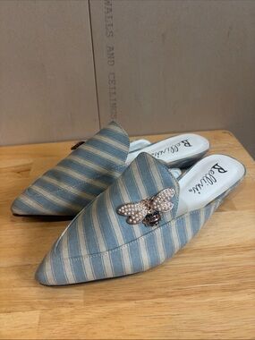 Bellini Blue And White Striped Bee Embellished Pointy Toe Slip On Mules Size 9
